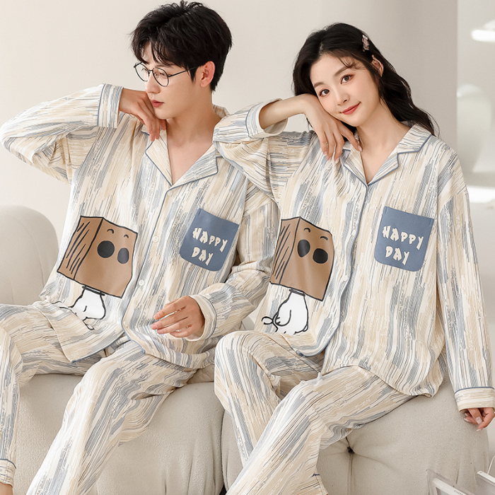 91家纺网 家纺一手货源 找家纺 洛兰沙 春秋季纯棉开衫长袖可外穿家居服情侣套装 716男