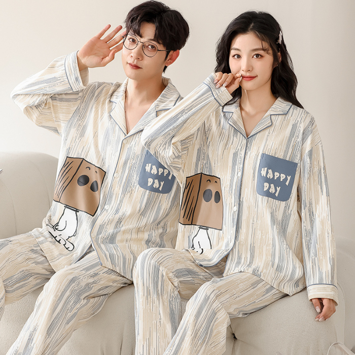 91家纺网 家纺一手货源 找家纺 洛兰沙 春秋季纯棉开衫长袖可外穿家居服情侣套装 716男