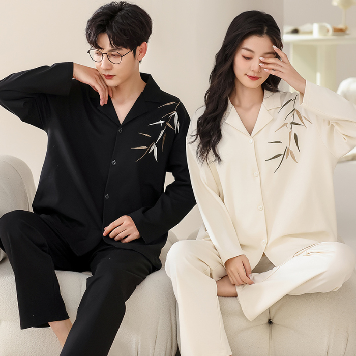 91家纺网 家纺一手货源 找家纺 洛兰沙 春秋季纯棉开衫长袖可外穿家居服情侣套装 717男