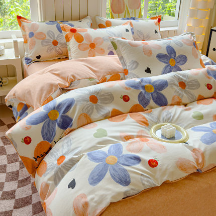 91家纺网 家纺一手货源 找家纺 佑佳家纺 2024新款140克磨毛印花植物羊绒单被套磨毛四件套 芳晴