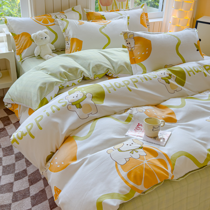 91家纺网 家纺一手货源 找家纺 佑佳家纺 2024新款140克磨毛印花植物羊绒单被套磨毛四件套 柠檬熊