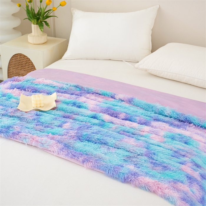 91家纺网 家纺一手货源 找家纺 品尚嘉 水貂绒毛毯长毛绒法莱绒双层跨境外贸毯子-扎染系 扎染-兰彩虹