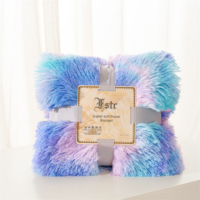 91家纺网 家纺一手货源 找家纺 品尚嘉 水貂绒毛毯长毛绒法莱绒双层跨境外贸毯子-扎染系 扎染-兰彩虹