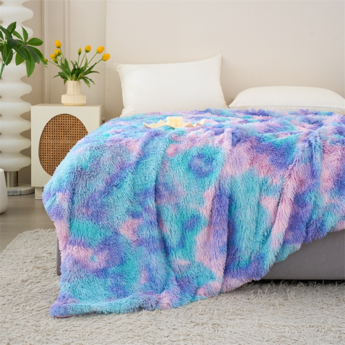 91家纺网 家纺一手货源 找家纺 品尚嘉 水貂绒毛毯长毛绒法莱绒双层跨境外贸毯子-扎染系 扎染-兰彩虹