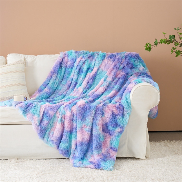 91家纺网 家纺一手货源 找家纺 品尚嘉 水貂绒毛毯长毛绒法莱绒双层跨境外贸毯子-扎染系 扎染-兰彩虹