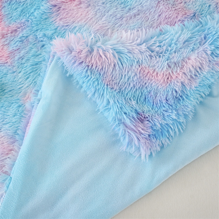 91家纺网 家纺一手货源 找家纺 品尚嘉 水貂绒毛毯长毛绒法莱绒双层跨境外贸毯子-扎染系 扎染-水蓝粉