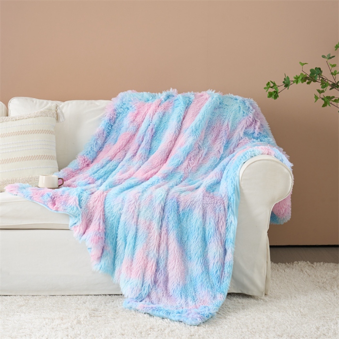 91家纺网 家纺一手货源 找家纺 品尚嘉 水貂绒毛毯长毛绒法莱绒双层跨境外贸毯子-扎染系 扎染-水蓝粉