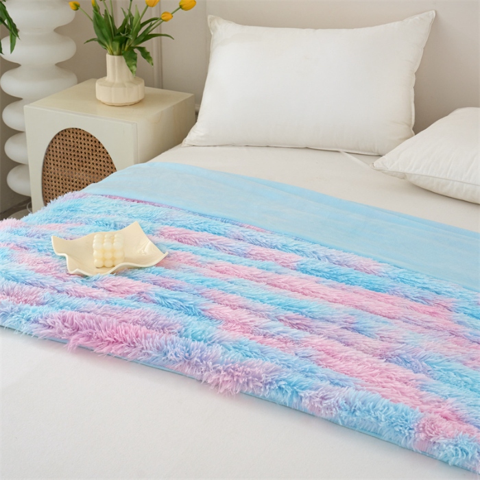 91家纺网 家纺一手货源 找家纺 品尚嘉 水貂绒毛毯长毛绒法莱绒双层跨境外贸毯子-扎染系 扎染-水蓝粉