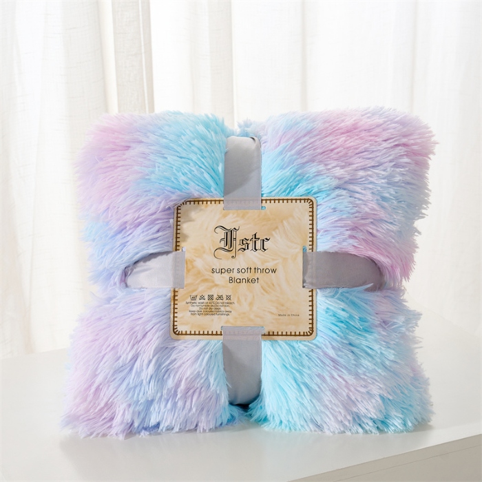 91家纺网 家纺一手货源 找家纺 品尚嘉 水貂绒毛毯长毛绒法莱绒双层跨境外贸毯子-扎染系 扎染-水蓝粉