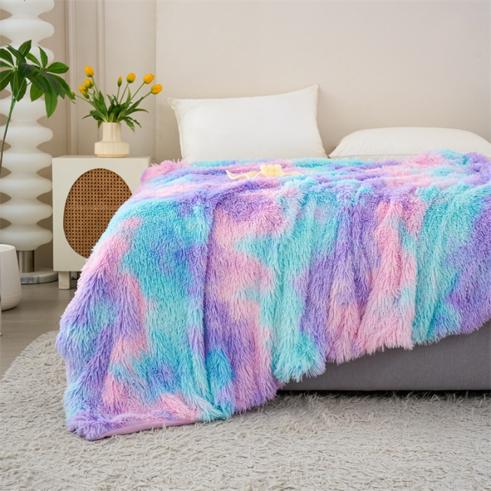 91家纺网 家纺一手货源 找家纺 品尚嘉 水貂绒毛毯长毛绒法莱绒双层跨境外贸毯子-扎染系 扎染-香芋紫