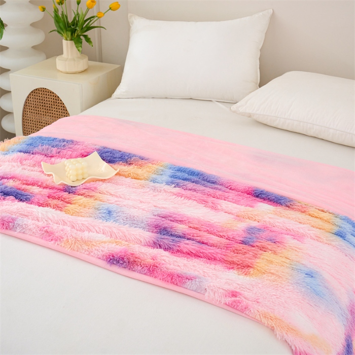 91家纺网 家纺一手货源 找家纺 品尚嘉 水貂绒毛毯长毛绒法莱绒双层跨境外贸毯子-扎染系 扎染-新彩虹