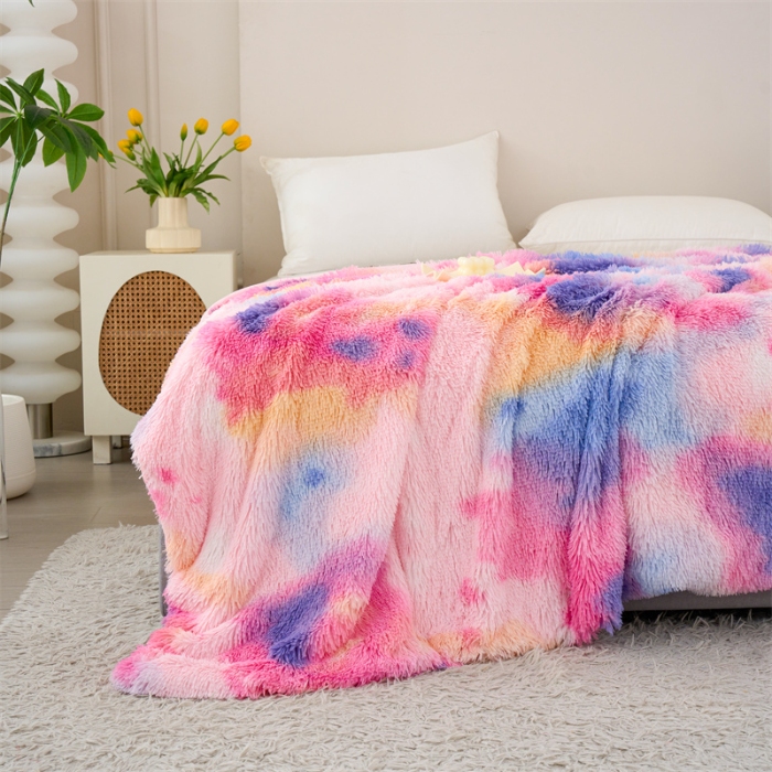 91家纺网 家纺一手货源 找家纺 品尚嘉 水貂绒毛毯长毛绒法莱绒双层跨境外贸毯子-扎染系 扎染-新彩虹