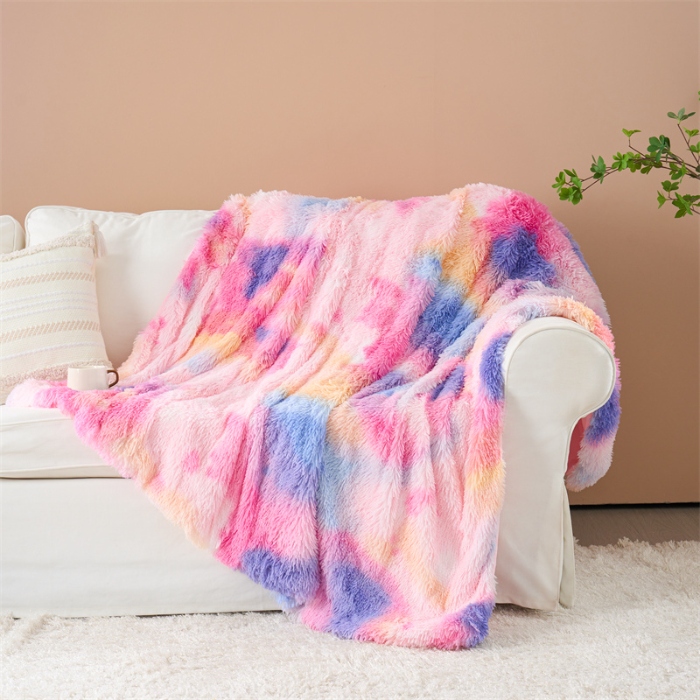 91家纺网 家纺一手货源 找家纺 品尚嘉 水貂绒毛毯长毛绒法莱绒双层跨境外贸毯子-扎染系 扎染-新彩虹