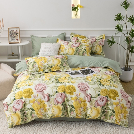 91家纺网 家纺一手货源 找家纺 莉雅居 2024新款直播爆款活性磨毛印花四件套 如花似锦