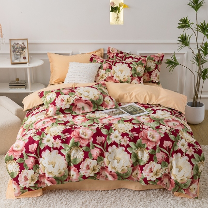 91家纺网 家纺一手货源 找家纺 莉雅居 2024新款直播爆款活性磨毛印花四件套 如花似锦