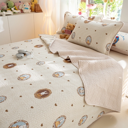 91家纺网 家纺一手货源 找家纺 （总）X猫先生床笠 2025新款全棉床盖床单小清新夹棉床盖炕盖套件跑量款（自然光场景）