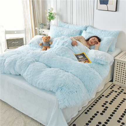 91家纺网 家纺一手货源 找家纺 鑫喜莱 2024新款长毛绒四件套 天蓝