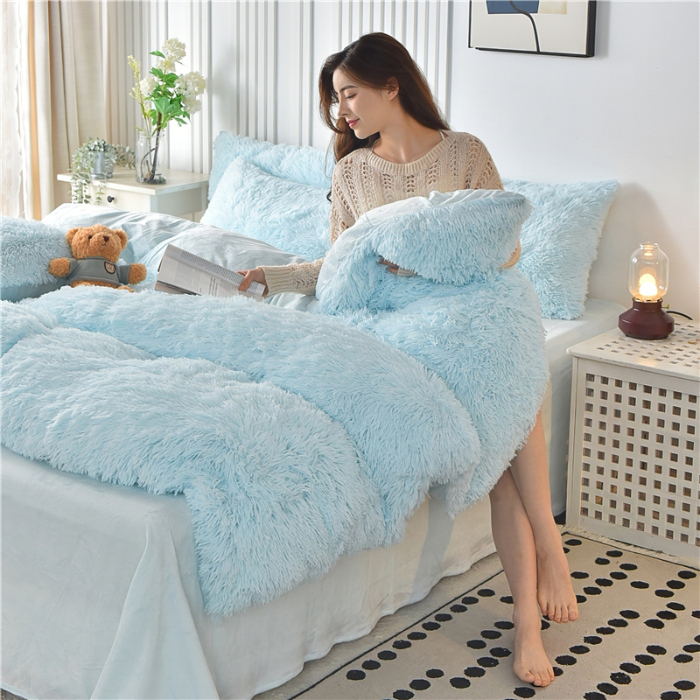 91家纺网 家纺一手货源 找家纺 鑫喜莱 2024新款长毛绒四件套 天蓝