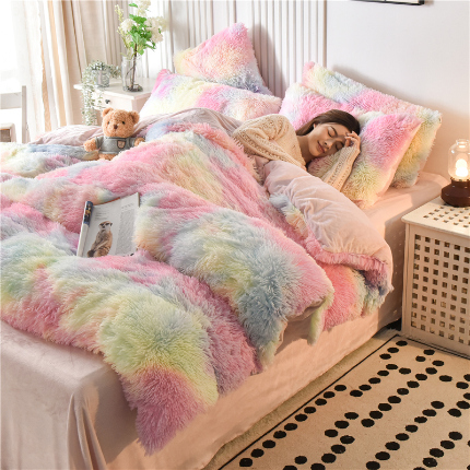 91家纺网 家纺一手货源 找家纺 鑫喜莱 2024新款长毛绒四件套 七彩
