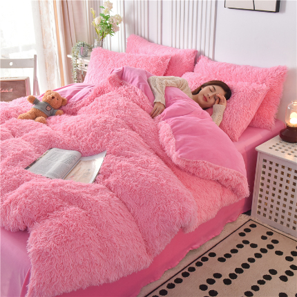 91家纺网 家纺一手货源 找家纺 鑫喜莱 2024新款长毛绒四件套 粉红