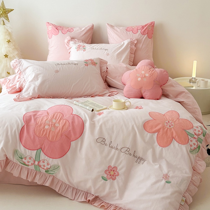 91家纺网 家纺一手货源 找家纺 （总）绒梦里 2024新款A类全棉水洗棉贴布绣韩版花边四件套公主风床上用品套件