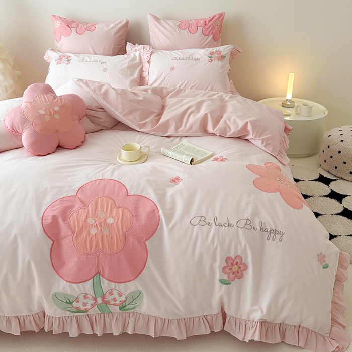 91家纺网 家纺一手货源 找家纺 （总）绒梦里 2024新款A类全棉水洗棉贴布绣韩版花边四件套公主风床上用品套件