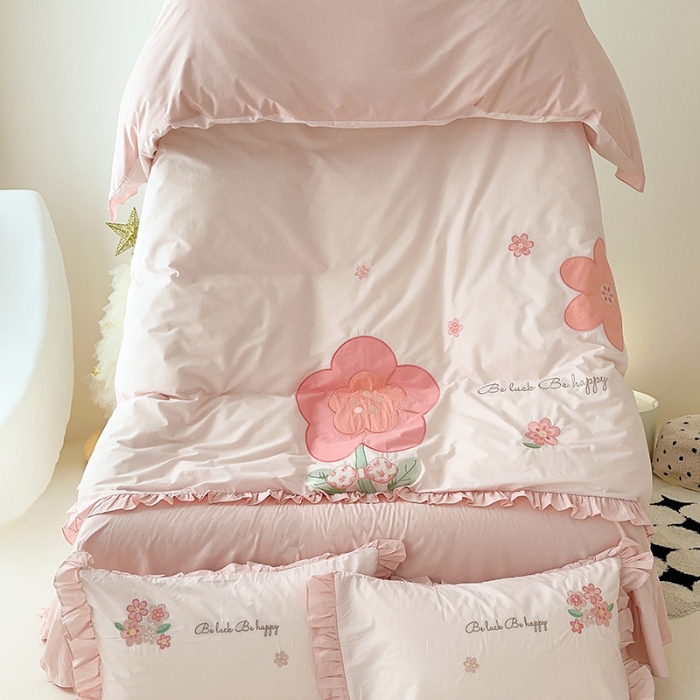 91家纺网 家纺一手货源 找家纺 （总）绒梦里 2024新款A类全棉水洗棉贴布绣韩版花边四件套公主风床上用品套件