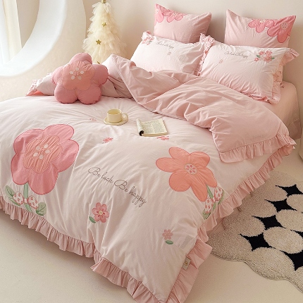 91家纺网 家纺一手货源 找家纺 （总）绒梦里 2024新款A类全棉水洗棉贴布绣韩版花边四件套公主风床上用品套件