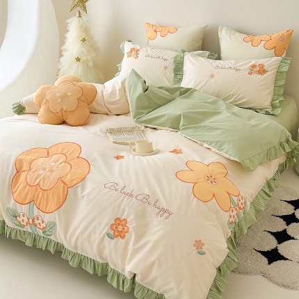 91家纺网 家纺一手货源 找家纺 （总）绒梦里 2024新款A类全棉水洗棉贴布绣韩版花边四件套公主风床上用品套件