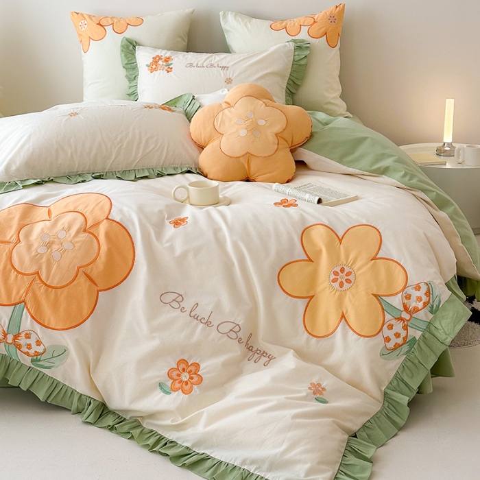 91家纺网 家纺一手货源 找家纺 （总）绒梦里 2025新款A类全棉水洗棉贴布绣韩版花边四件套公主风床上用品套件