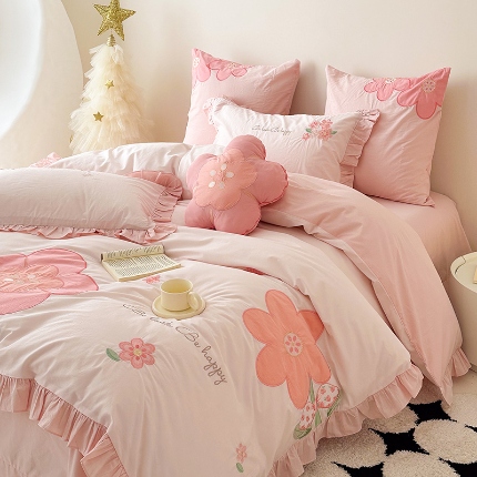 91家纺网 家纺一手货源 找家纺 （总）绒梦里 2025新款A类全棉水洗棉贴布绣韩版花边四件套公主风床上用品套件