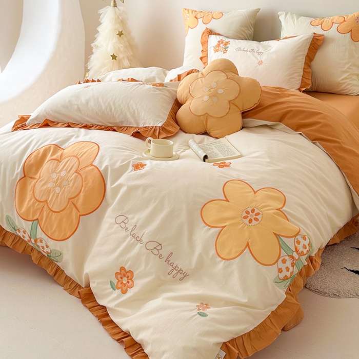 91家纺网 家纺一手货源 找家纺 （总）绒梦里 2025新款A类全棉水洗棉贴布绣韩版花边四件套公主风床上用品套件