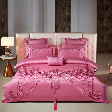 91家纺网 家纺一手货源 找家纺 （总）2025新款全棉提花全棉贡缎提花粉色婚庆系列四件套