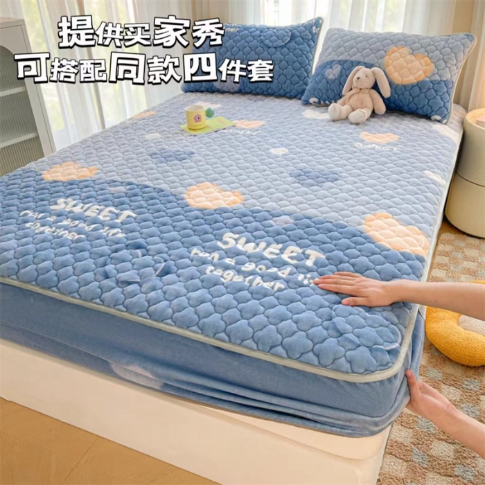 91家纺网 家纺一手货源 找家纺 康纳利 2024新款A类抗菌加厚牛奶绒印花夹棉包边床笠可搭配同款四件套提供买家秀 暖意