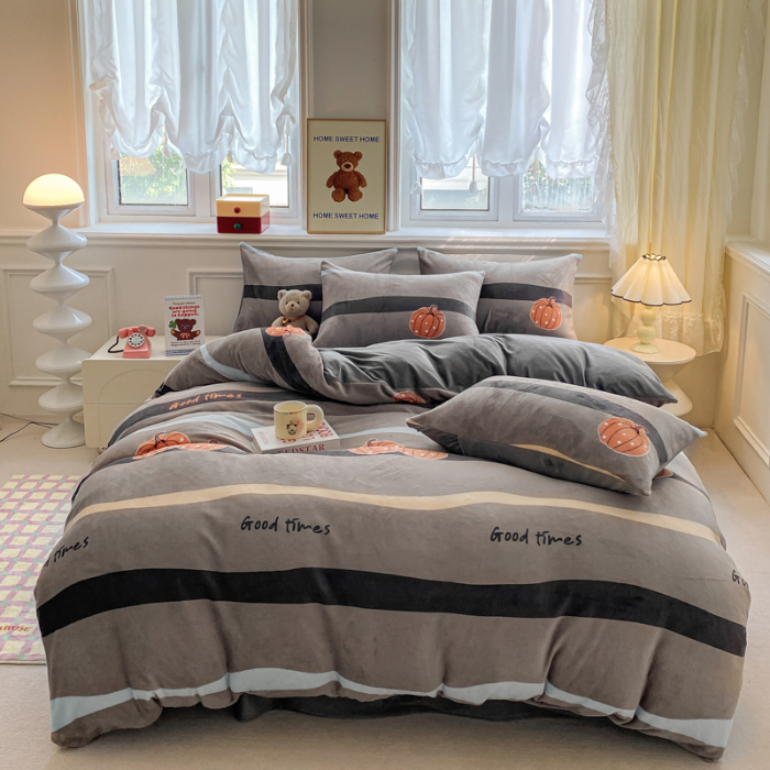 91家纺网 家纺一手货源 找家纺 斯卡诺2025新款直播轻奢爆款小清新牛奶宝宝绒四件套 南瓜日记