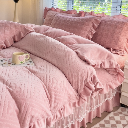 佰诗特 牛奶绒纯色床盖夹棉三件套立体烂花雕花绒被套蕾丝单床盖加棉四件套 流星花园-蓝