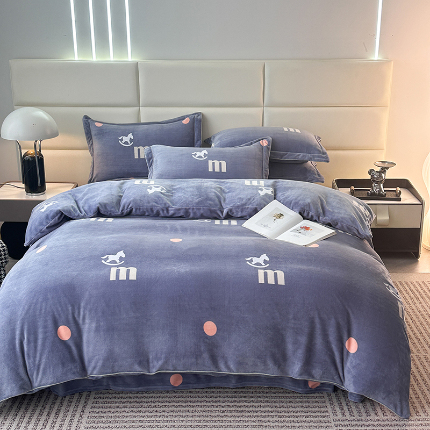尚品凤凰2025新款高克重印花牛奶绒四件套-工艺款 马到成功-蓝灰