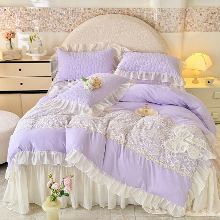 91家纺网 家纺一手货源 找家纺 （总）苏米娜2025韩版法式公主风水洗棉立体花绣花床盖款四件套全棉纯棉小竺棉水洗棉蕾丝床盖款夏被四件套