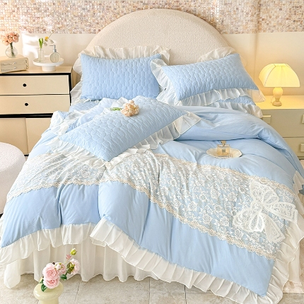 91家纺网 家纺一手货源 找家纺 （总）苏米娜2025韩版法式公主风水洗棉立体花绣花床盖款四件套全棉纯棉小竺棉水洗棉蕾丝床盖款夏被四件套