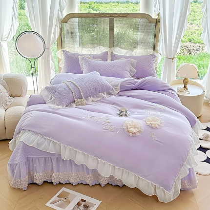 91家纺网 家纺一手货源 找家纺 （总）苏米娜2025韩版法式公主风水洗棉立体花绣花床盖款四件套全棉纯棉小竺棉水洗棉蕾丝床盖款夏被四件套