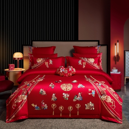 91家纺网 家纺一手货源 找家纺 （总）红番天 2025新款纯棉新中式刺绣婚庆四件套多件套