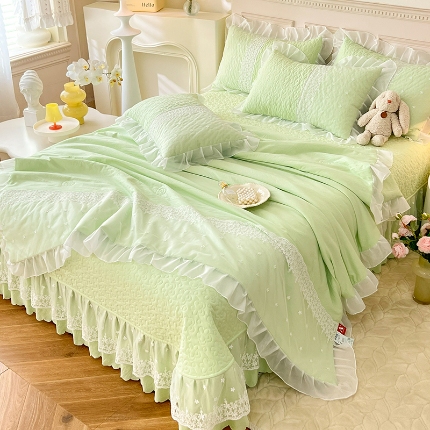91家纺网 家纺一手货源 找家纺 （总）2024韩版少女心法式公主风水洗棉蕾丝花边绣花床盖款夏被四件套泡泡棉小竺棉凉感丝夏被床盖款四件套
