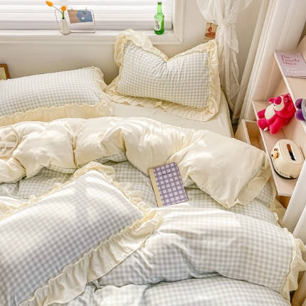 91家纺网 家纺一手货源 找家纺 （总）2024韩版花边无印格子110克水洗棉良品四件套圆角吊边床单四件套（有A类检测报告））