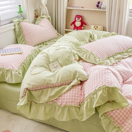 91家纺网 家纺一手货源 找家纺 （总）2024韩版花边无印格子110克水洗棉良品四件套圆角吊边床单四件套（有A类检测报告））