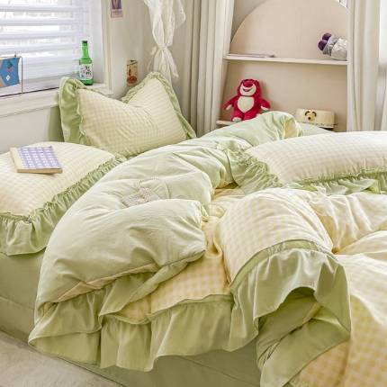 91家纺网 家纺一手货源 找家纺 （总）2024韩版花边无印格子110克水洗棉良品四件套圆角吊边床单四件套（有A类检测报告））