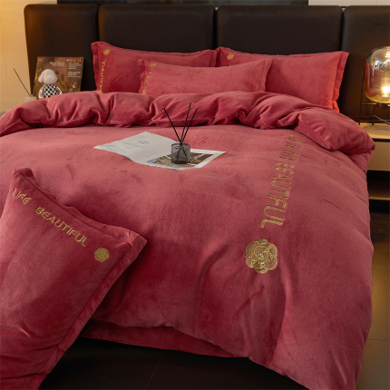 91家纺网 家纺一手货源 找家纺 招财狼家纺  2024新款7斤高克重牛奶绒刺绣四件套 山茶花-豆沙红