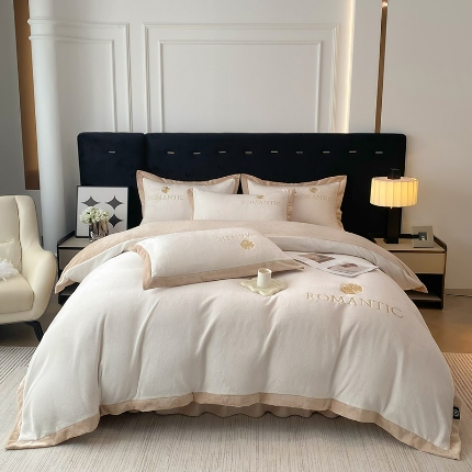 91家纺网 家纺一手货源 找家纺 （总）苏米娜2025秋冬230g9斤全消光牛奶绒双拼绣花四件套绒宽边被套高端轻奢山茶花系列