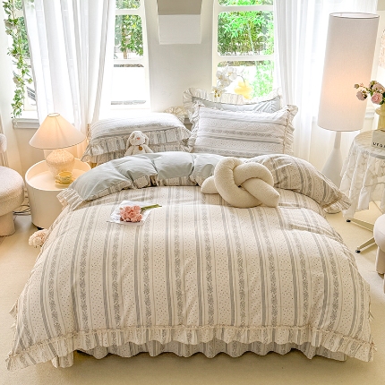 91家纺网 家纺一手货源 找家纺 艾唯希家纺 2024新款韩式花边全棉四件套 绿色港湾