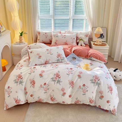 91家纺网 家纺一手货源 找家纺 总 洺兰2025全棉13070喷气印花四件套纯棉床单床笠款小清新花卉北欧风