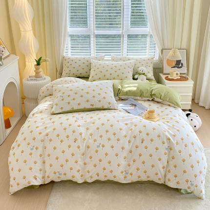 91家纺网 家纺一手货源 找家纺 总 洺兰2025全棉13070喷气印花四件套纯棉床单床笠款小清新花卉北欧风